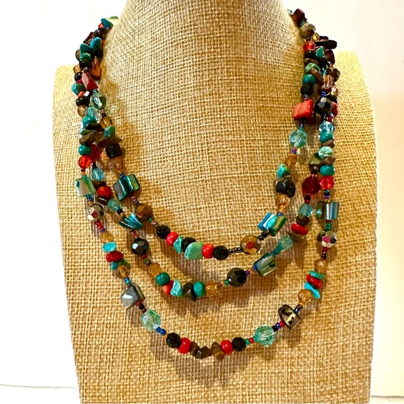 Multi-color Genuine Gemstone & Acrylic Bead Necklace, multistrand red blue brown - Picture 1 of 11